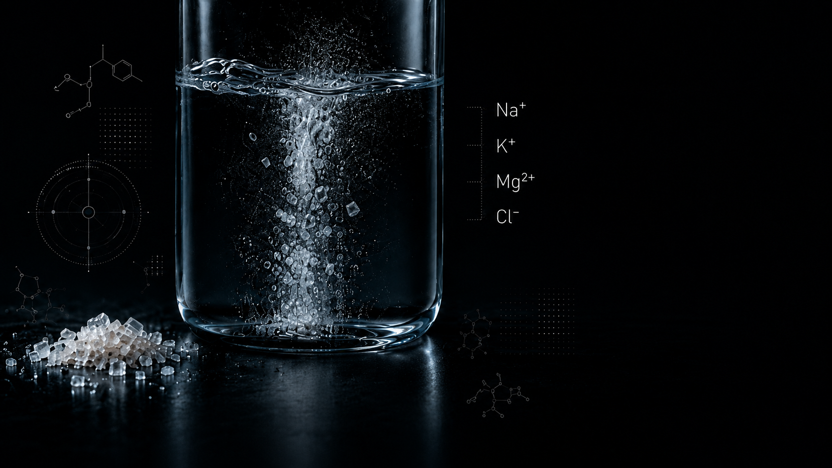 Electrolyte minerals dissolving in water with sodium, potassium, magnesium and chloride symbols.