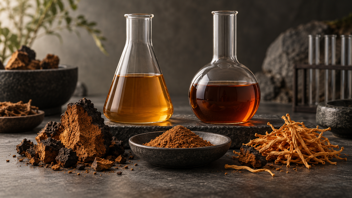 Mushroom materials, extract powder and laboratory flasks illustrating hot-water and dual extraction methods