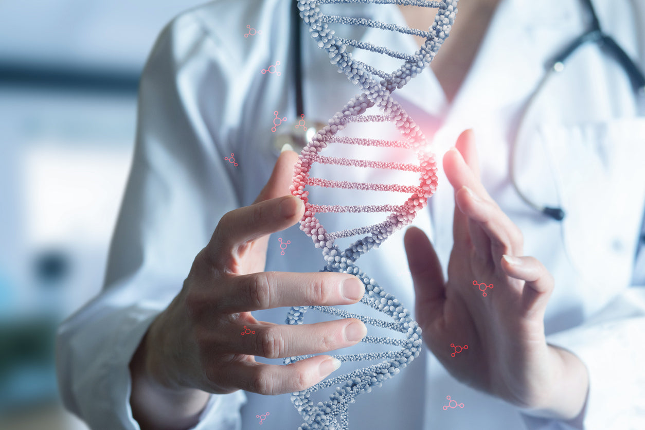 Scientist examining a digital DNA strand hologram.