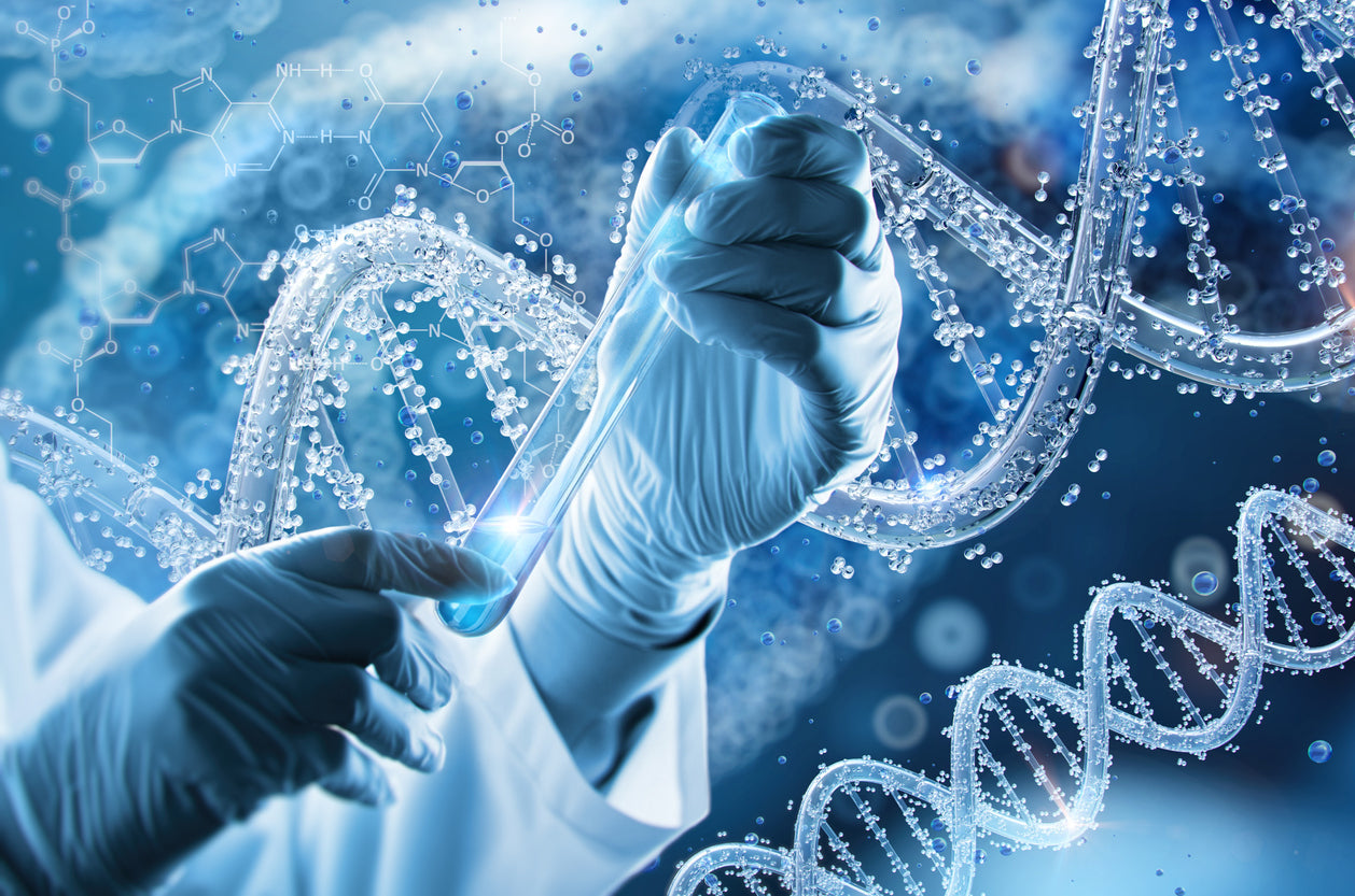 Scientist holding a test tube with digital DNA strands in the background, symbolising biochemical methylation processes.