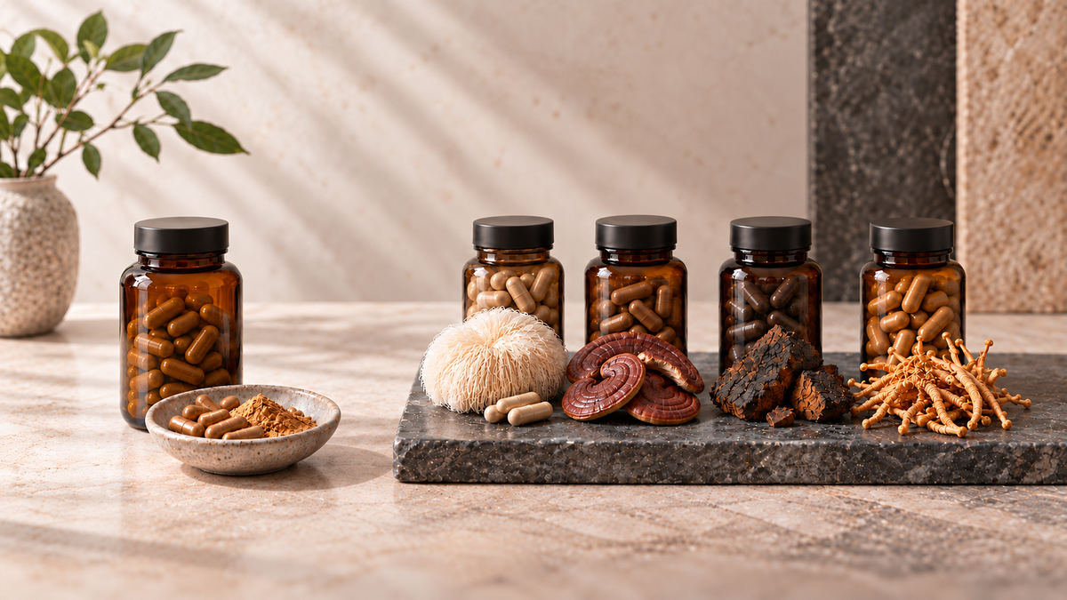 Mushroom supplement capsules with Lion’s Mane, Reishi, Chaga and Cordyceps ingredients