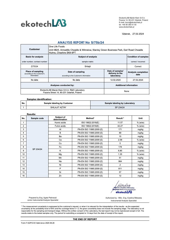 Third-party lab report for One Life Foods shilajit displaying fulvic acid and mineral results.