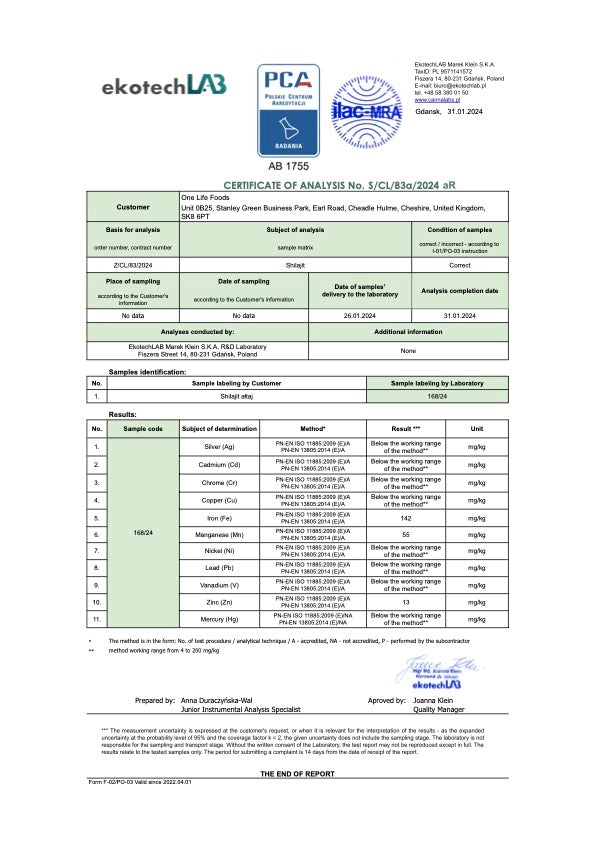 Third-party lab report for One Life Foods shilajit