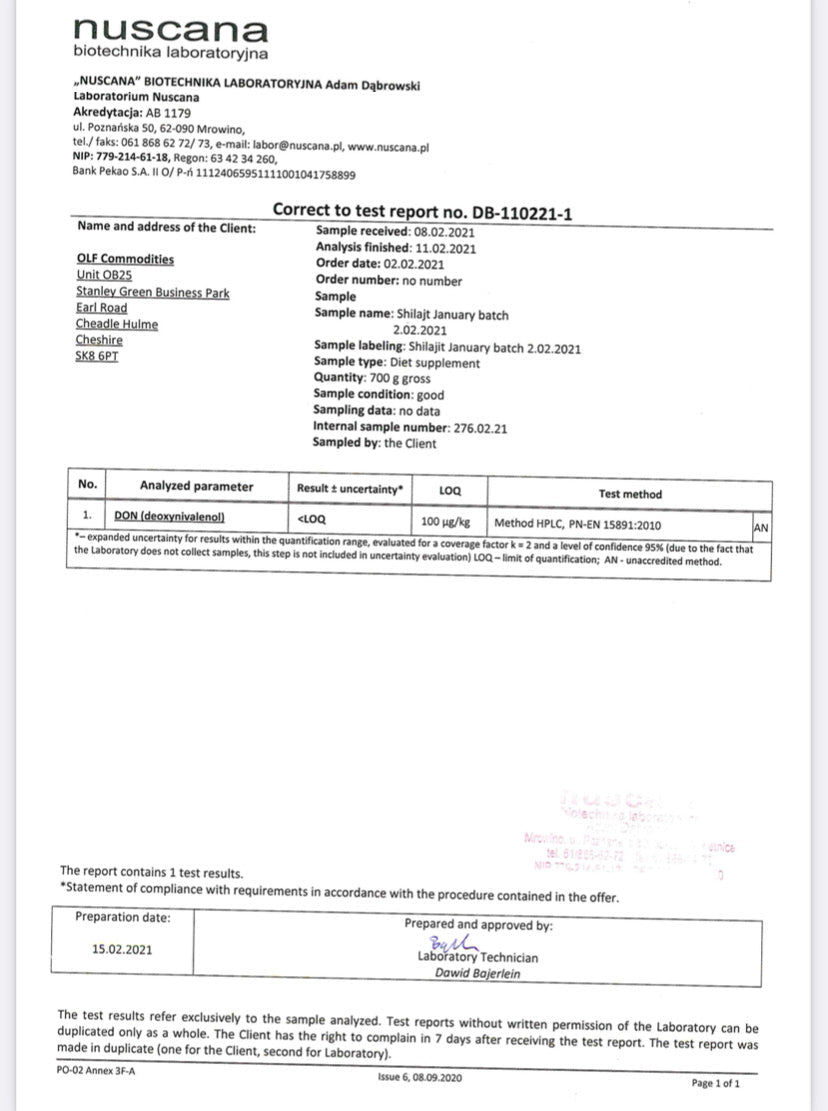 Third-party lab report for One Life Foods shilajit displaying microbiology