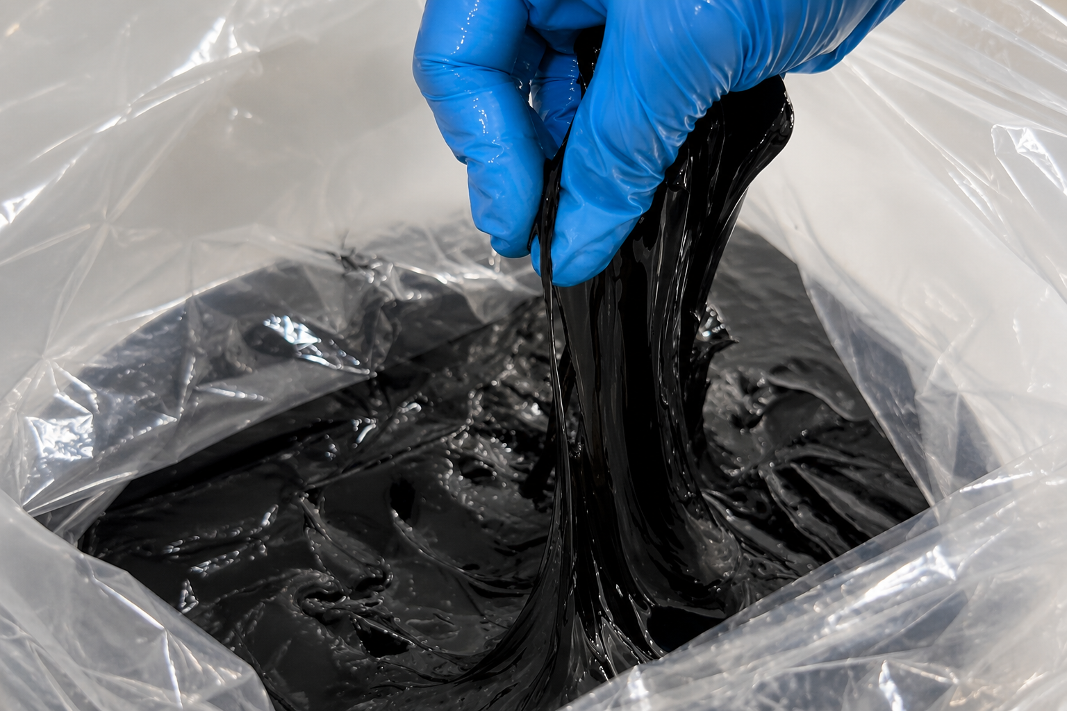 Blue-gloved hand lifting purified shilajit resin after modern filtration and processing.