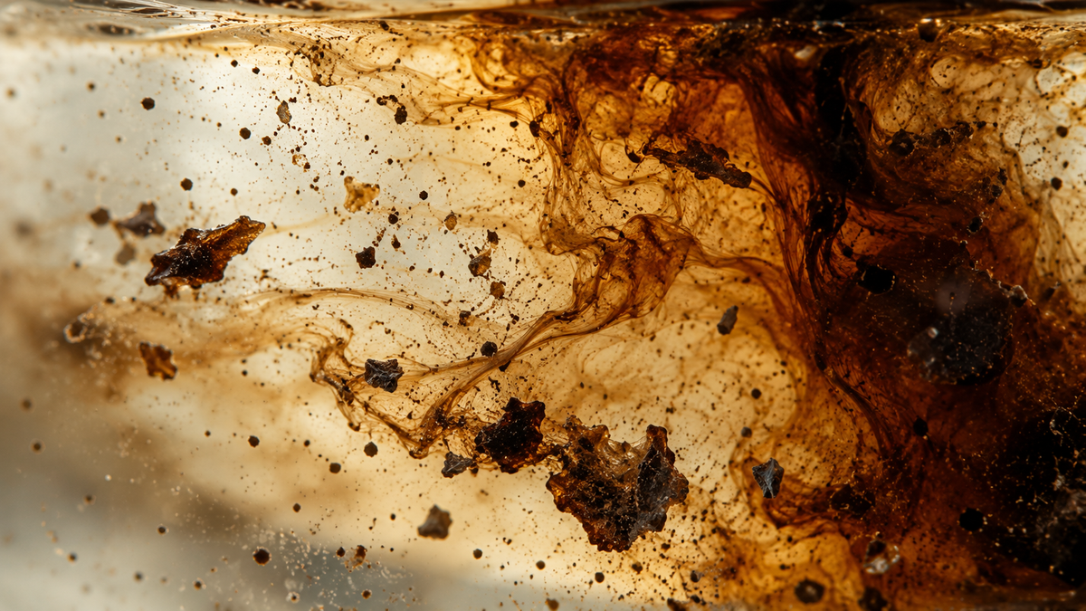 Abstract magnified representation of dark Shilajit resin dispersing into water, with swirling brown plumes and suspended particles.
