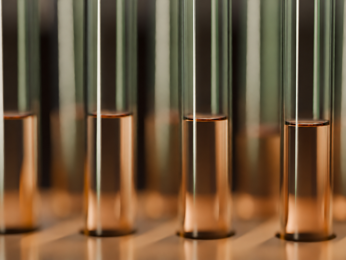 Alt text: “Glass laboratory test tubes containing brown liquid, illustrating chemical analysis.