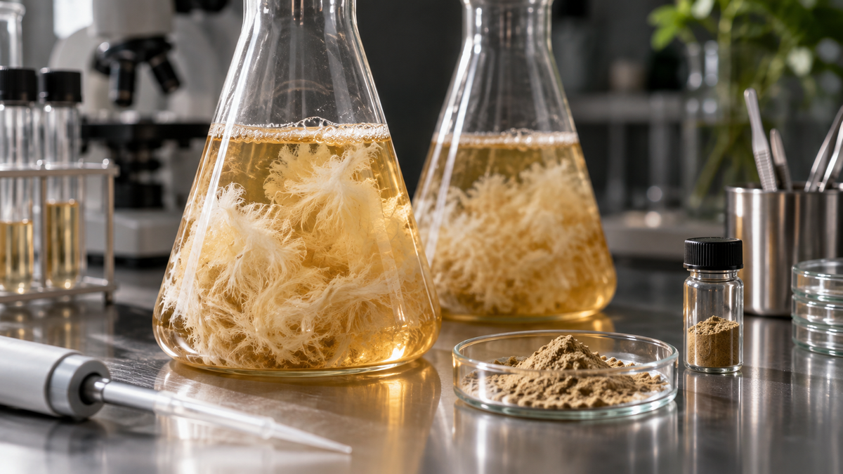 Cultured mycelium and Cordyceps extract shown in a laboratory setting