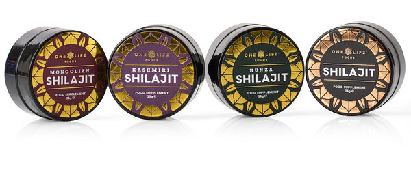 Four jars of One Life Foods Shilajit resin in different varieties: Mongolian, Kashmiri, Hunza, and Siberian.