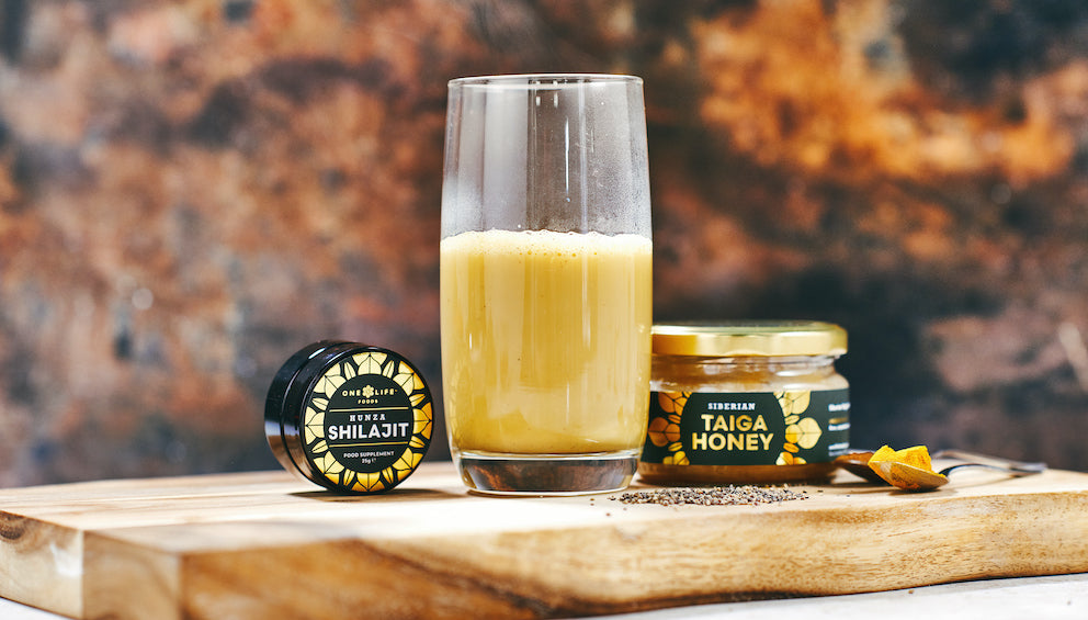 Hunza Shilajit with raw honey, and turmeric milk. 