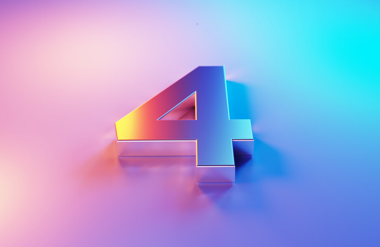 A metallic number four on a colourful gradient background, symbolising the four functional mushrooms in the blend.