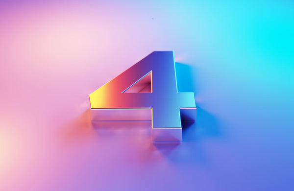 A metallic number four on a colourful gradient background, symbolising the four functional mushrooms in the blend.