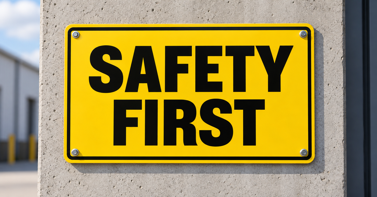 Yellow safety sign with bold black text reading “SAFETY FIRST” mounted on a concrete wall.