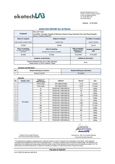 Third-party lab report for One Life Foods shilajit displaying fulvic acid and mineral results.