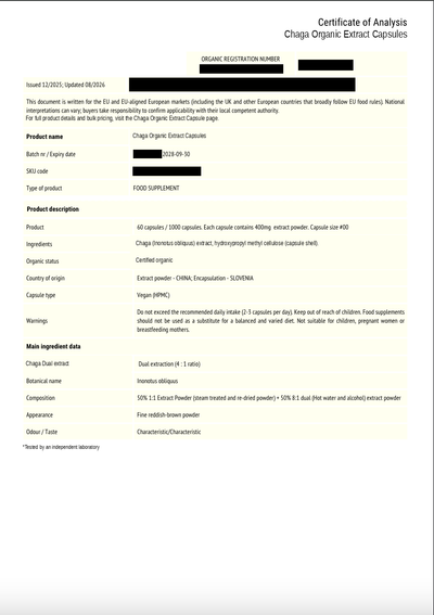 Chaga certificate of analysis page 1, product specification