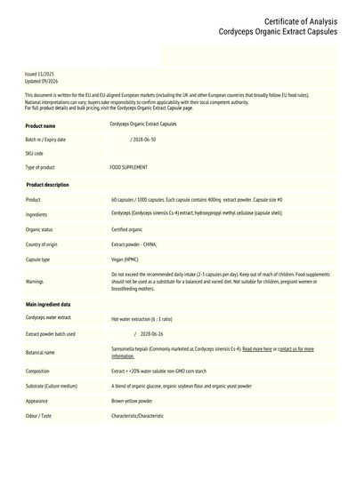 Cordyceps CS-4 certificate of analysis page 1, product specification