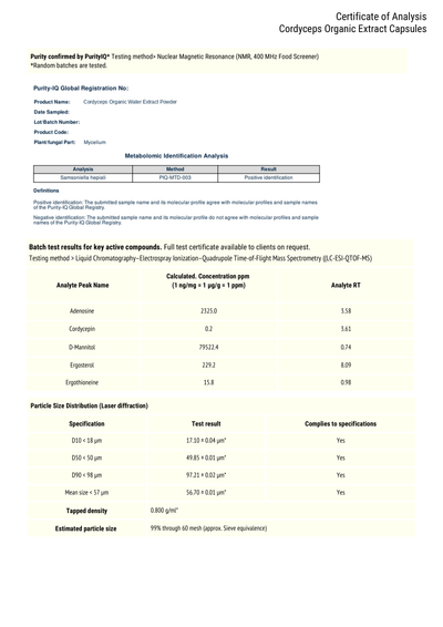 Cordyceps CS-4 certificate of analysis page 2, NMR identity and LC-MS compounds