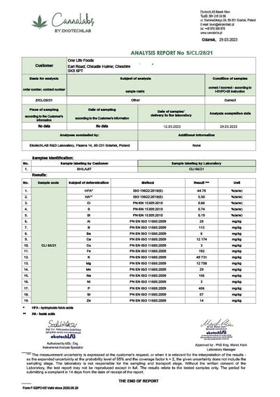 Third-party lab report for One Life Foods shilajit displaying fulvic acid and mineral results.