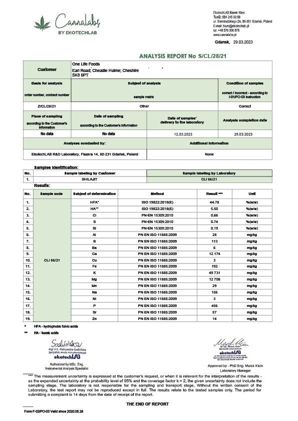 Third-party lab report for One Life Foods shilajit displaying fulvic acid and mineral results.