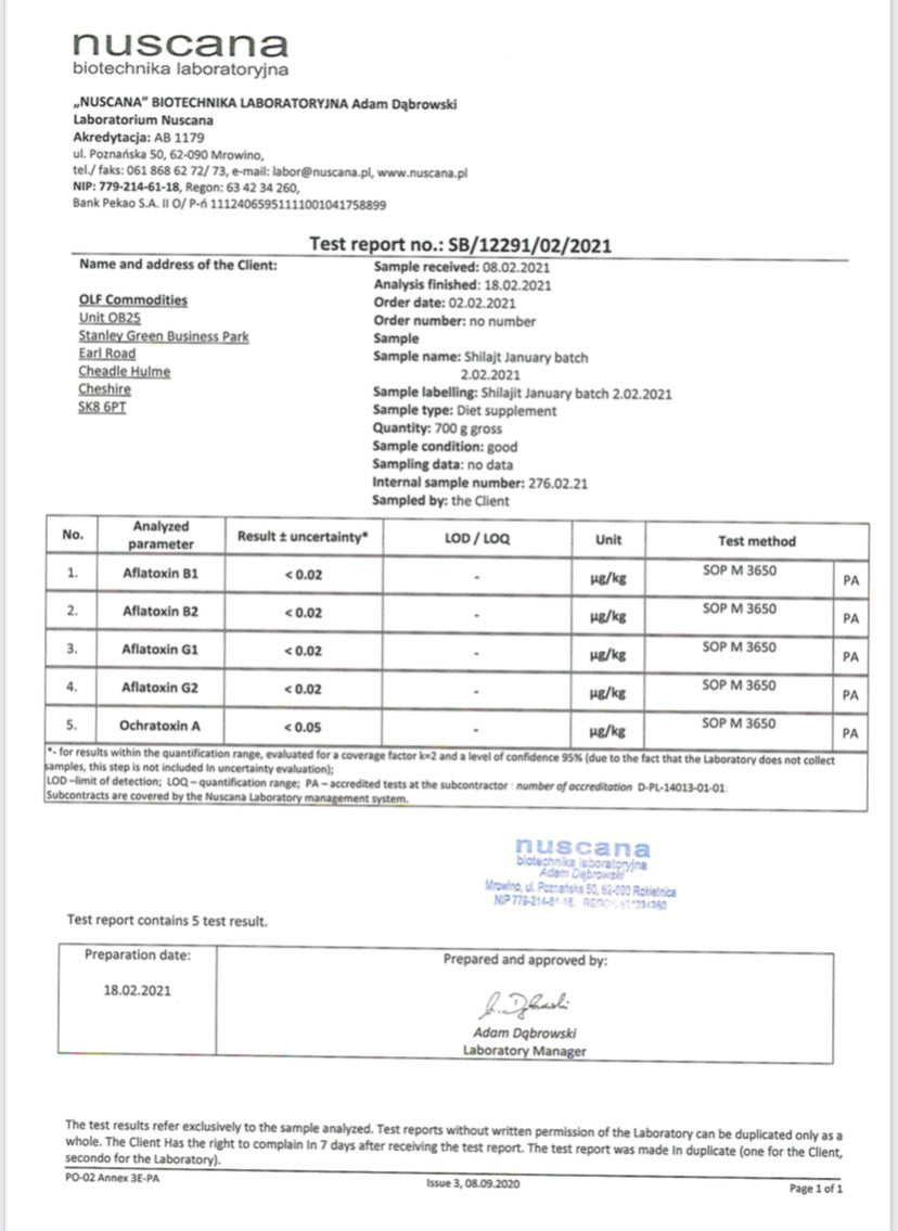 Third-party lab report for One Life Foods shilajit displaying microbiology