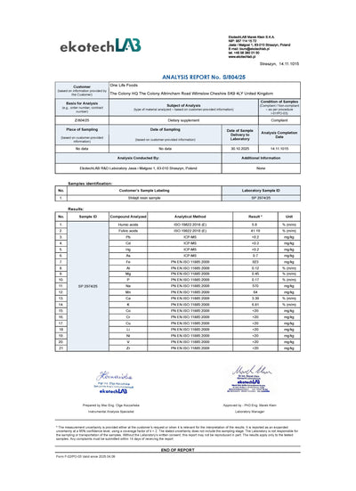 Third-party lab report for One Life Foods shilajit .