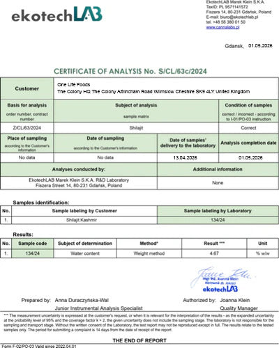 Kashmiri Shilajit certificate of analysis showing water content
