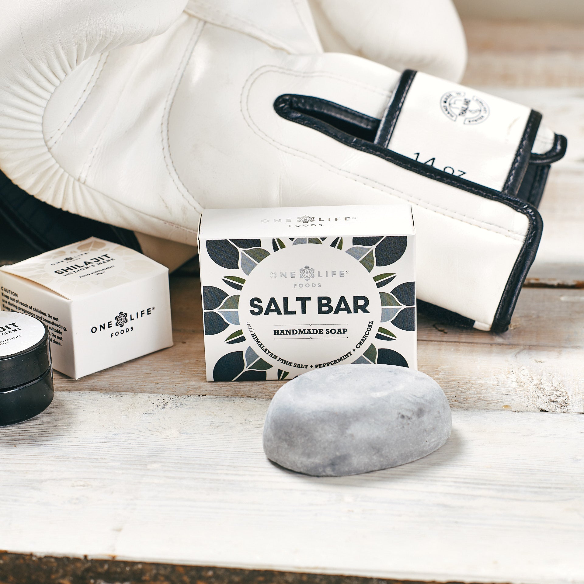 Natural salt bar soap with charcoal and peppermint and shilajit in a gym setting