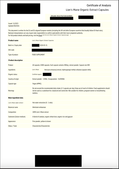 Lion's Mane certificate of analysis page 1, product specification