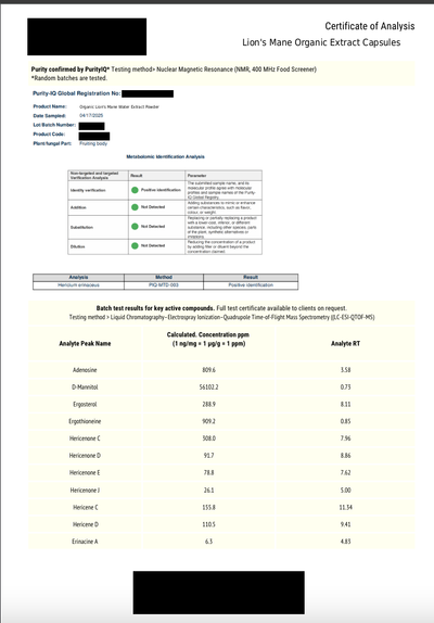 Lion's Mane certificate of analysis page 2, NMR identity and LC-MS compounds