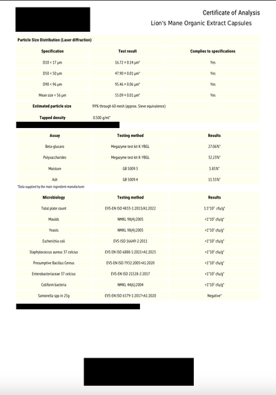 Lion's Mane certificate of analysis page 3, assay and microbiology