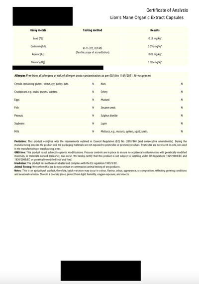 Lion's Mane certificate of analysis page 4, heavy metals and allergens