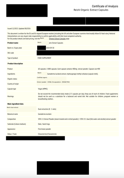 Reishi certificate of analysis page 1, product specification