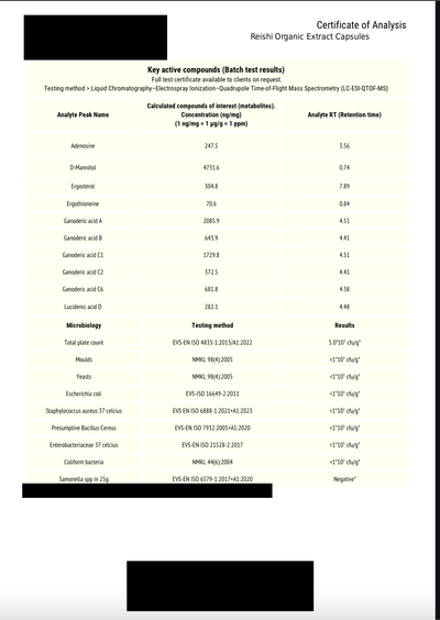 Reishi certificate of analysis page 3, compounds and microbiology
