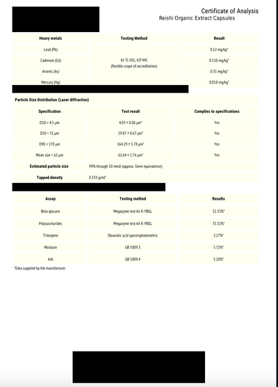 Reishi certificate of analysis page 4, heavy metals and assay